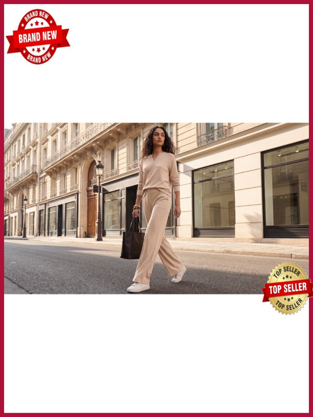 Women's 2 Piece Lounge Set - V Neck Top & Wide Leg Pants, Wrinkle-Free Travel - Picture 6 of 6
